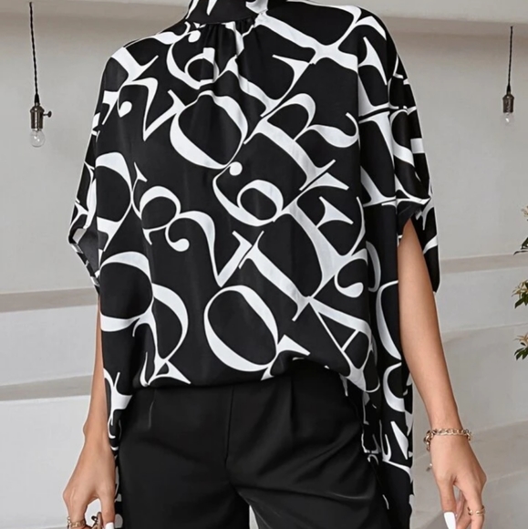 Shein Letter Number Print Bat Sleeve Moc Neck Cape Blouse Sz Large - Picture 2 of 6